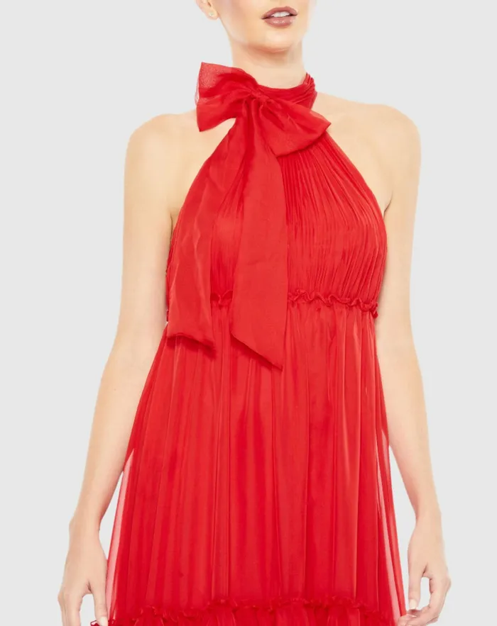 Women Ruched Tiered High Neck Bow A Line Gown Red Daytime Dresses Mac Duggal Women Ruched Tiered High Neck Bow A Line Gown Red Daytime Dresses Mac Duggal