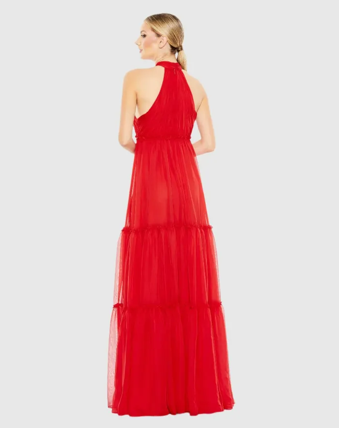 Women Ruched Tiered High Neck Bow A Line Gown Red Daytime Dresses Mac Duggal Women Ruched Tiered High Neck Bow A Line Gown Red Daytime Dresses Mac Duggal