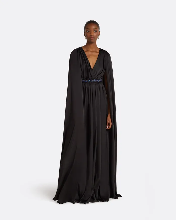 Women Safiyaa Bianca Black Long Dress With Embroidered Belt Black Capes and Harnesses