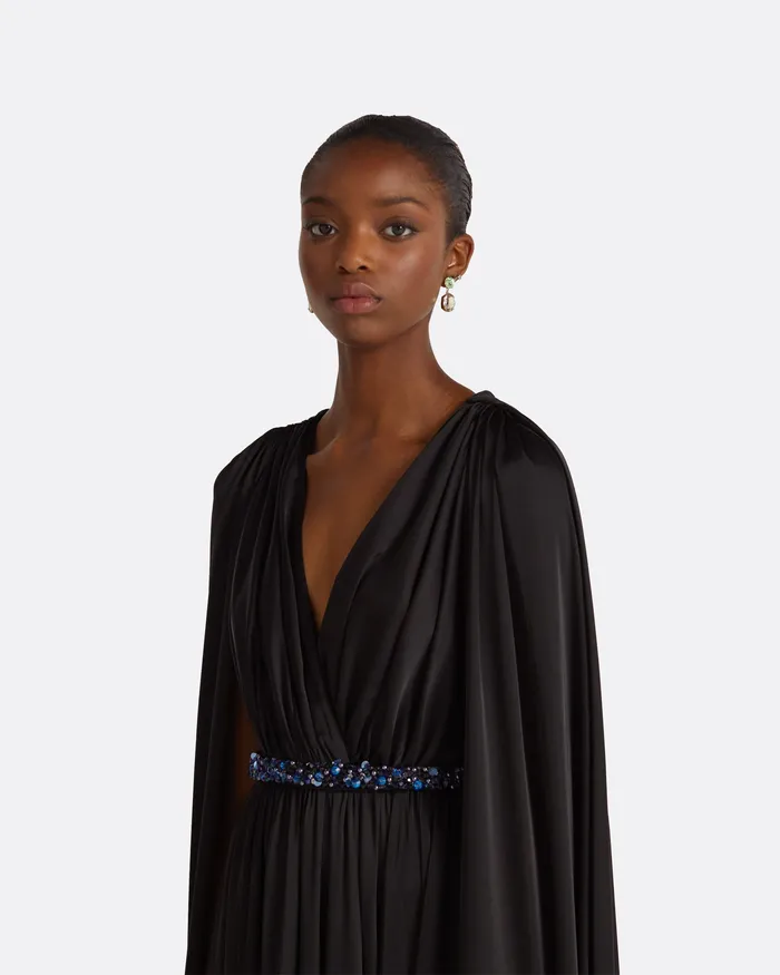 Women Safiyaa Bianca Black Long Dress With Embroidered Belt Black Capes and Harnesses