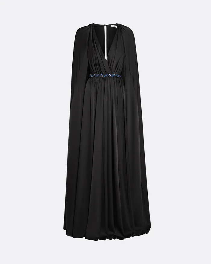 Women Safiyaa Bianca Black Long Dress With Embroidered Belt Black Capes and Harnesses