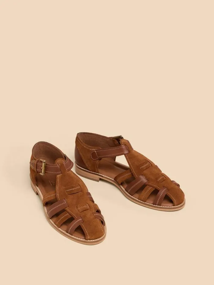 Women SANDALS White Stuff Floral Leather Fisherman Shoe Mid Tan