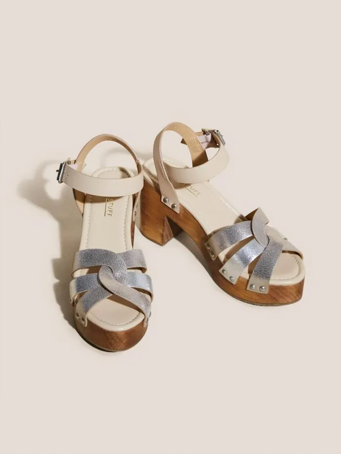 Women SANDALS White Stuff Twist Leather High Clog Sandal Mixed Metallic