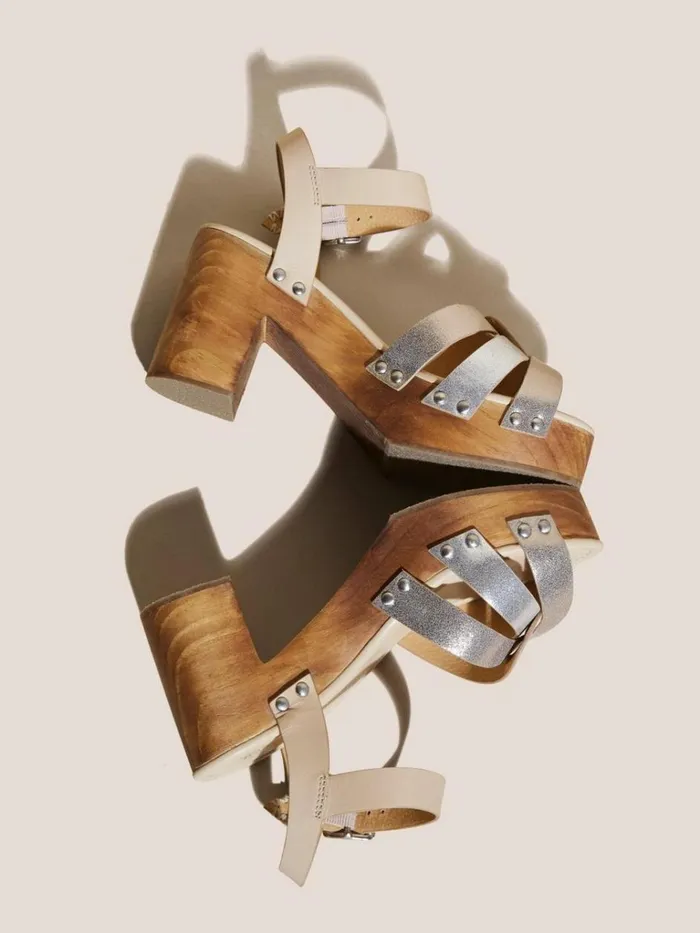 Women SANDALS White Stuff Twist Leather High Clog Sandal Mixed Metallic
