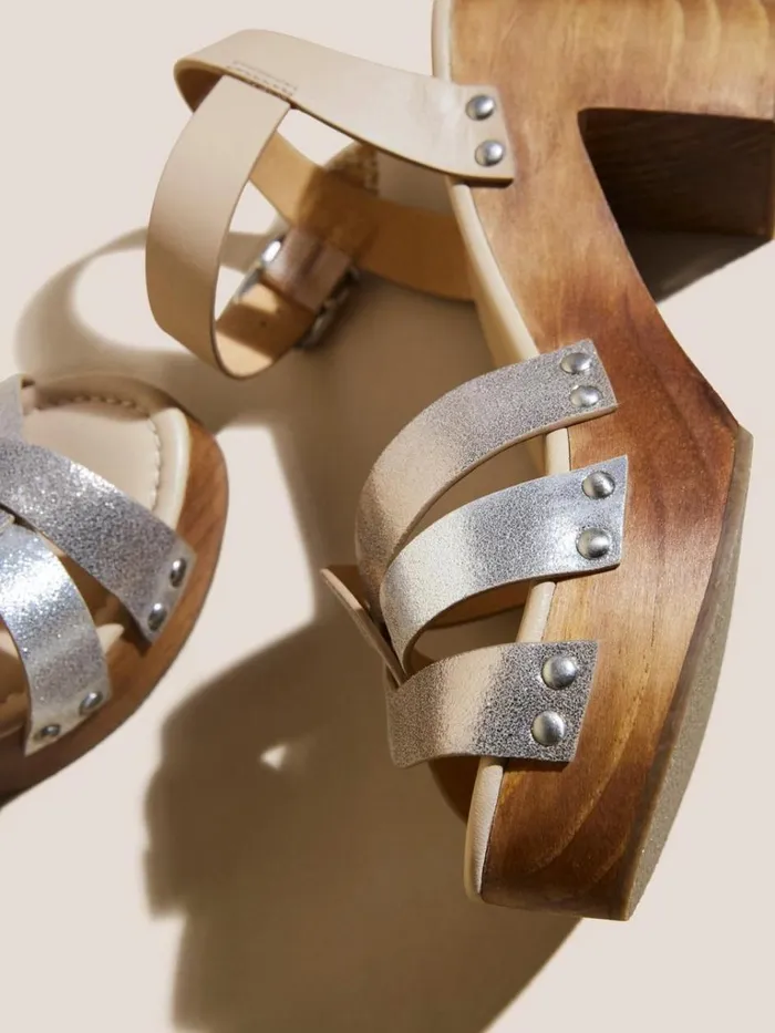 Women SANDALS White Stuff Twist Leather High Clog Sandal Mixed Metallic