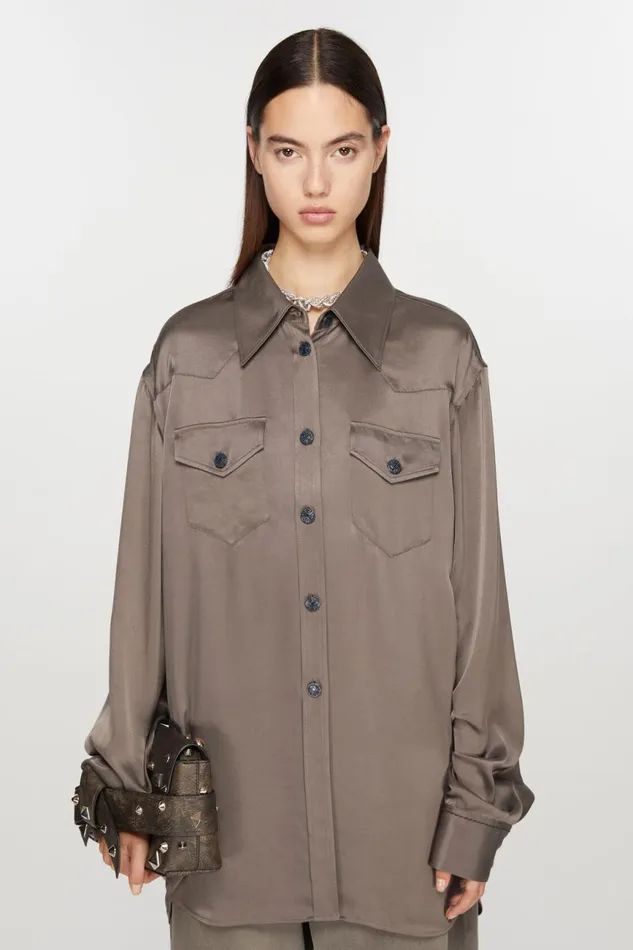 Women Satin Buttonup Shirt Cedar Green Acne Studios Shirts and Blouses