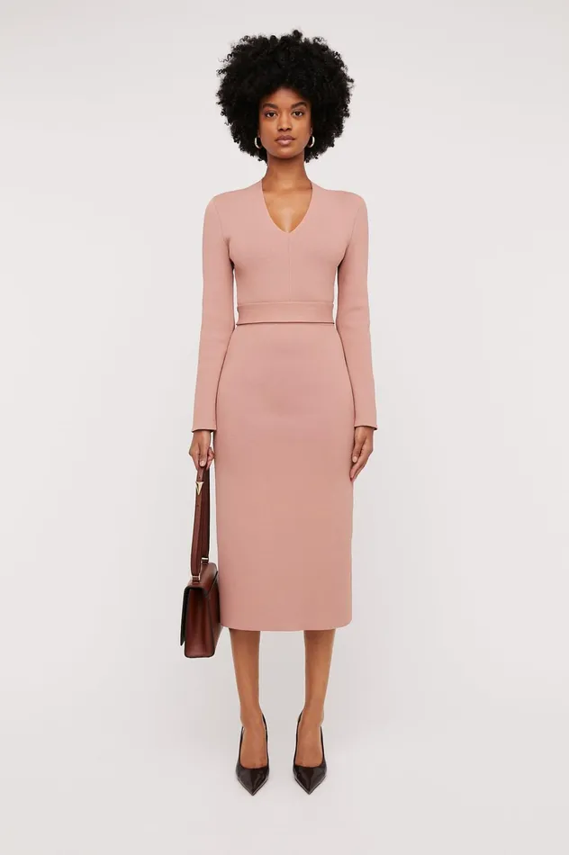 Women Scanlan Theodore Dresses CREPE KNIT LONG SLEEVE V NECK DRESS Powder