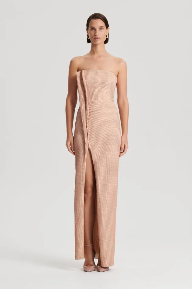 Women Scanlan Theodore Dresses TINSEL GINGHAM GOWN Rose Gold
