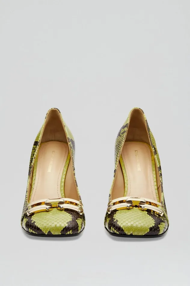 Women Scanlan Theodore Leather GOLD TRIM SQUARE TOE PUMP 95 Vert