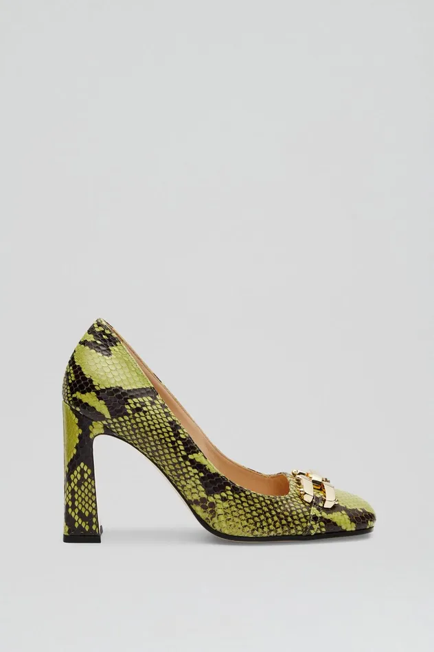 Women Scanlan Theodore Leather GOLD TRIM SQUARE TOE PUMP 95 Vert