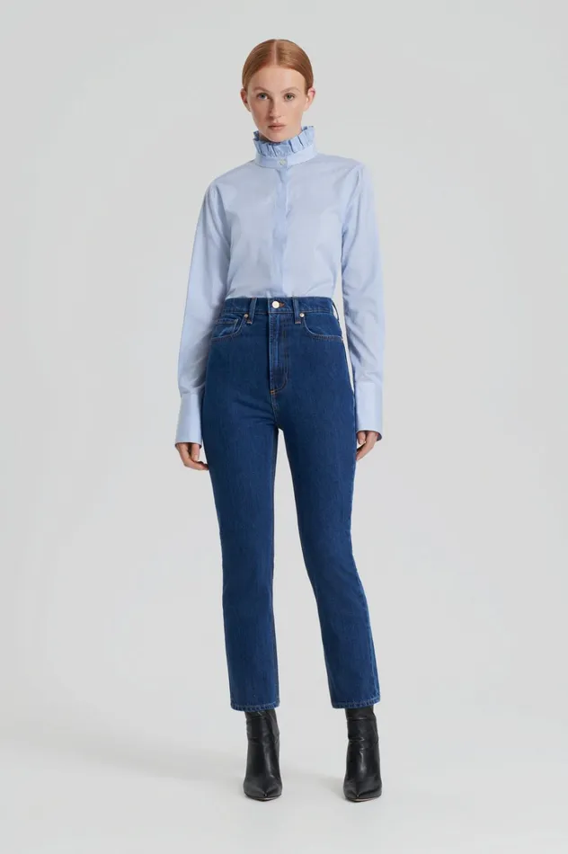 Women Scanlan Theodore Shirts STRIPE RUFFLE SHIRT Blue Women Scanlan Theodore Shirts STRIPE RUFFLE SHIRT Blue
