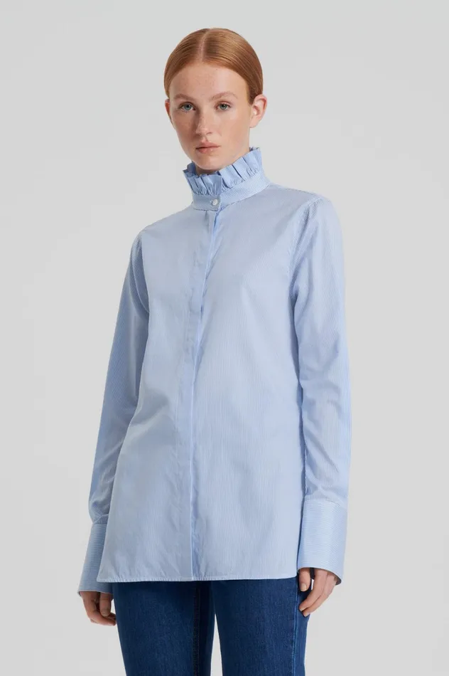 Women Scanlan Theodore Shirts STRIPE RUFFLE SHIRT Blue Women Scanlan Theodore Shirts STRIPE RUFFLE SHIRT Blue