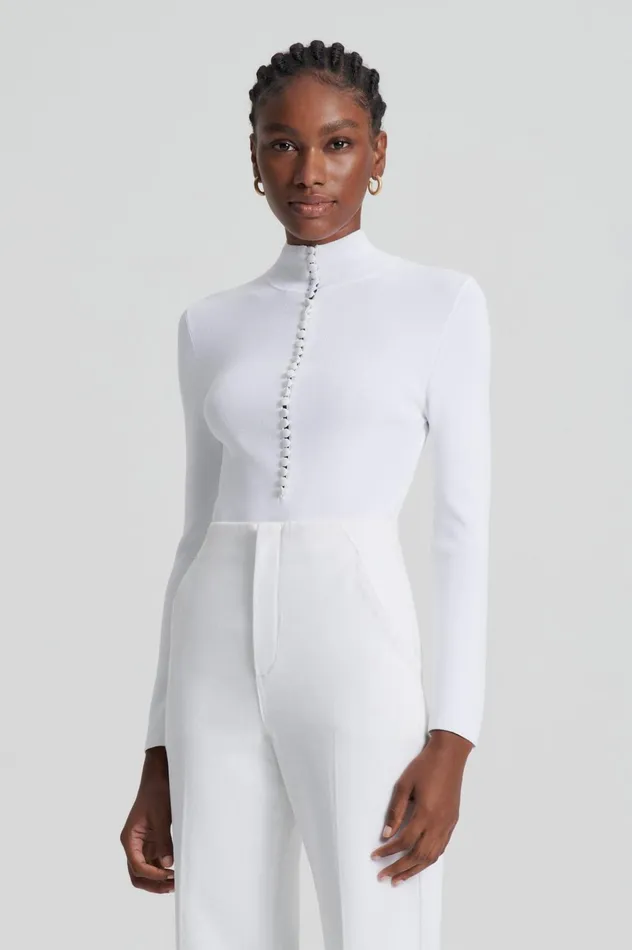 Women Scanlan Theodore Sweaters CREPE KNIT BUTTON POLO SWEATER White