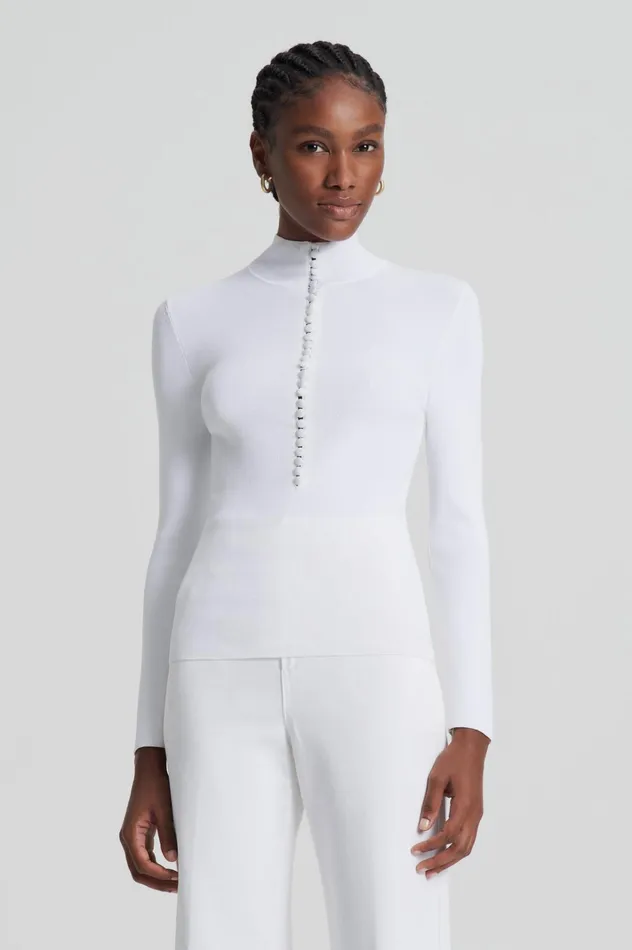 Women Scanlan Theodore Sweaters CREPE KNIT BUTTON POLO SWEATER White