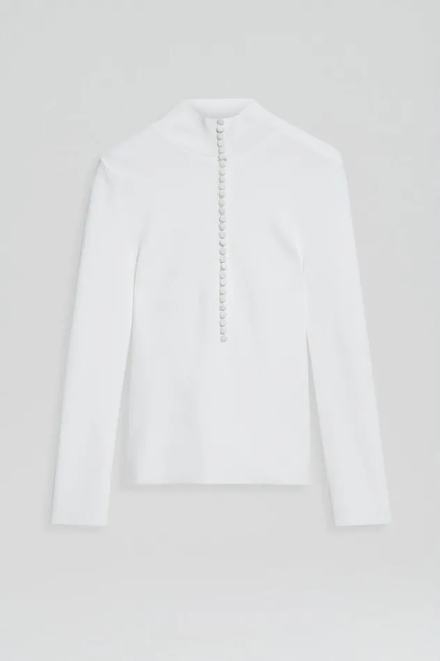 Women Scanlan Theodore Sweaters CREPE KNIT BUTTON POLO SWEATER White
