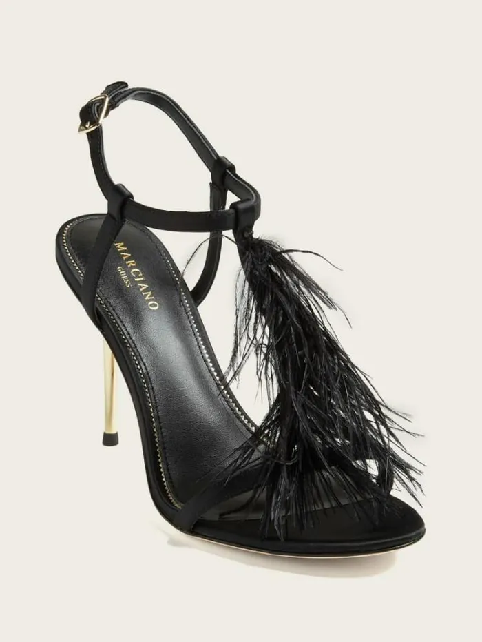 Women Shoes Marciano Reyon Feather Satin Heel Black