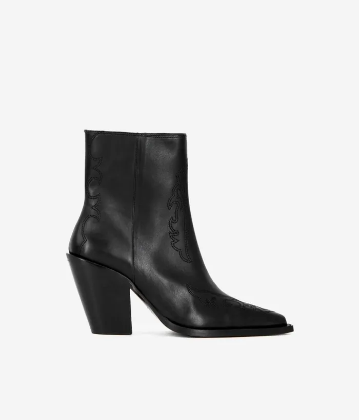 Women Shoes THE KOOPLES Black Leather Heeled Ankle Boots With Embroidery