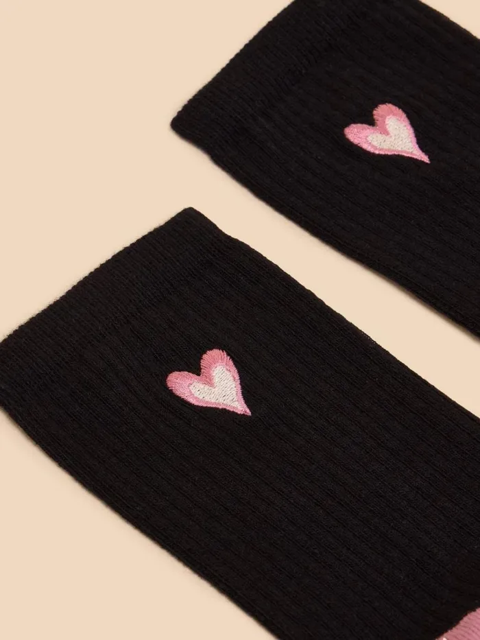 Women SOCKS White Stuff Embroidered Heart Rib Sock Pure Black