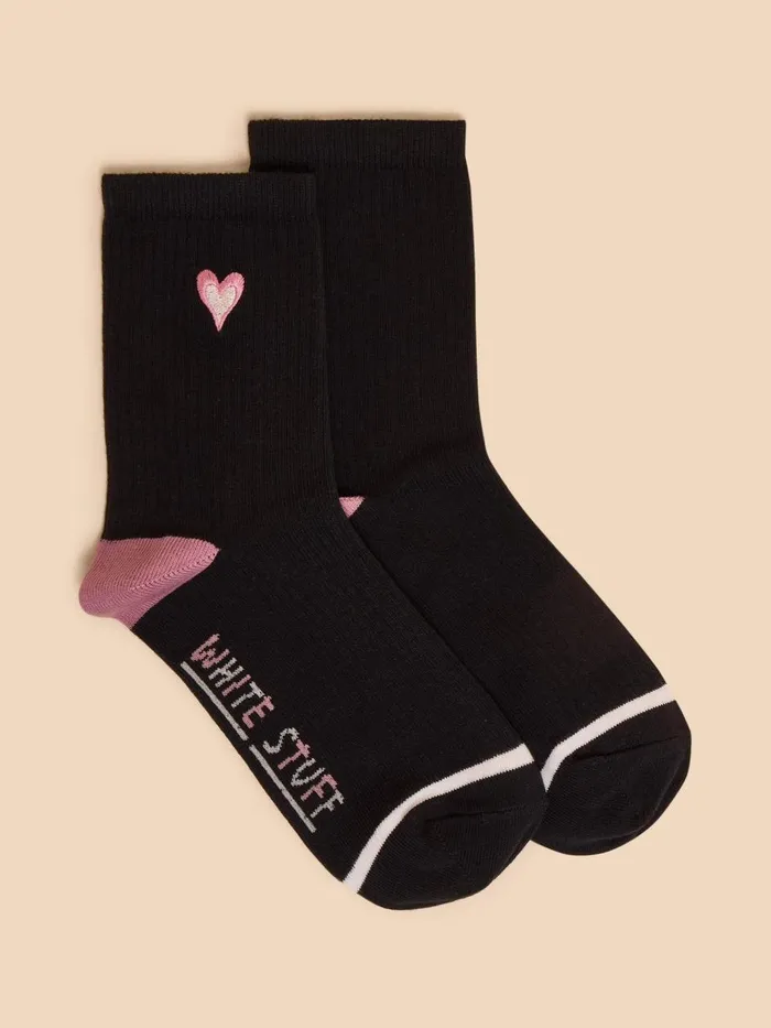 Women SOCKS White Stuff Embroidered Heart Rib Sock Pure Black Women SOCKS White Stuff Embroidered Heart Rib Sock Pure Black