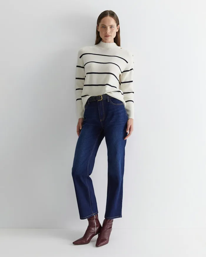 Women Sportscraft Knits and Cardigans Merino Stripe Button Knit Whitenavy