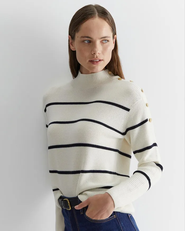 Women Sportscraft Knits and Cardigans Merino Stripe Button Knit Whitenavy