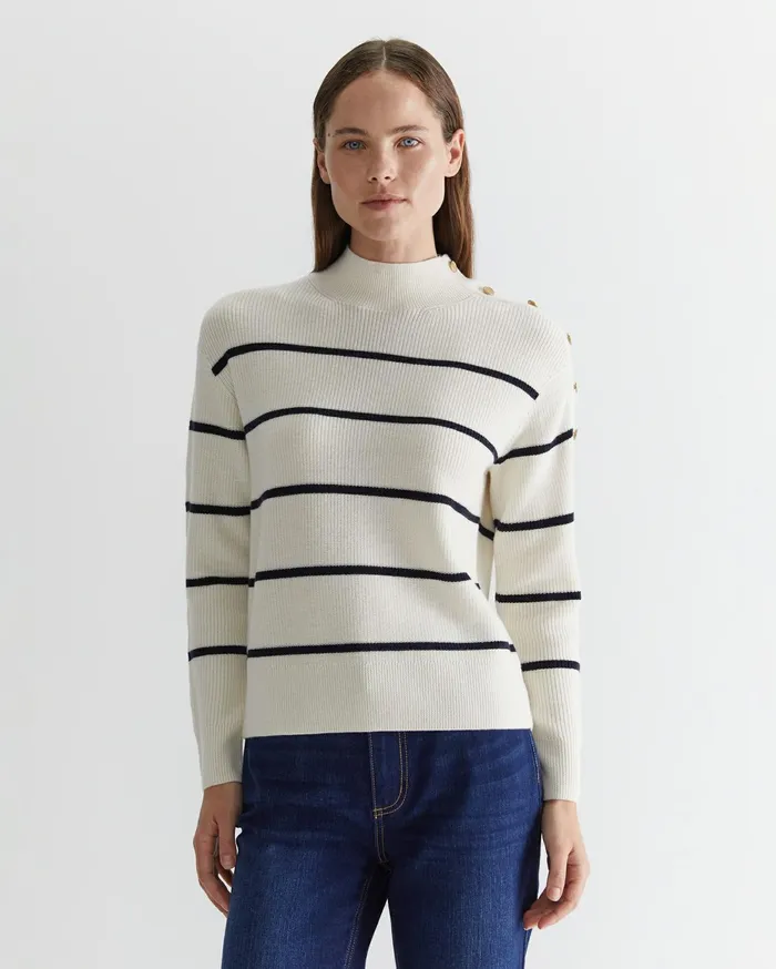 Women Sportscraft Knits and Cardigans Merino Stripe Button Knit Whitenavy