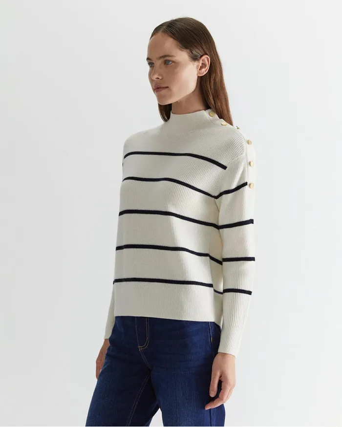 Women Sportscraft Knits and Cardigans Merino Stripe Button Knit Whitenavy