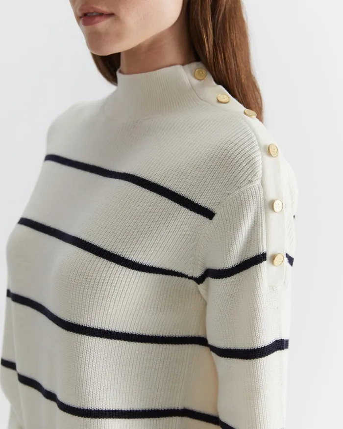 Women Sportscraft Knits and Cardigans Merino Stripe Button Knit Whitenavy