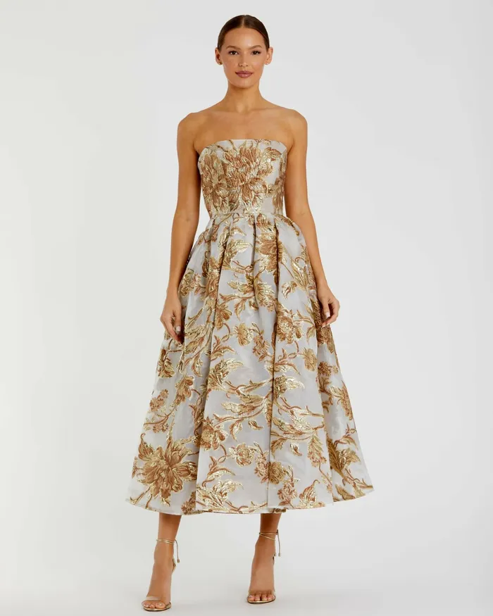Women Strapless Brocade Midi Dress with Pockets Bronze Best Sellers Mac Duggal