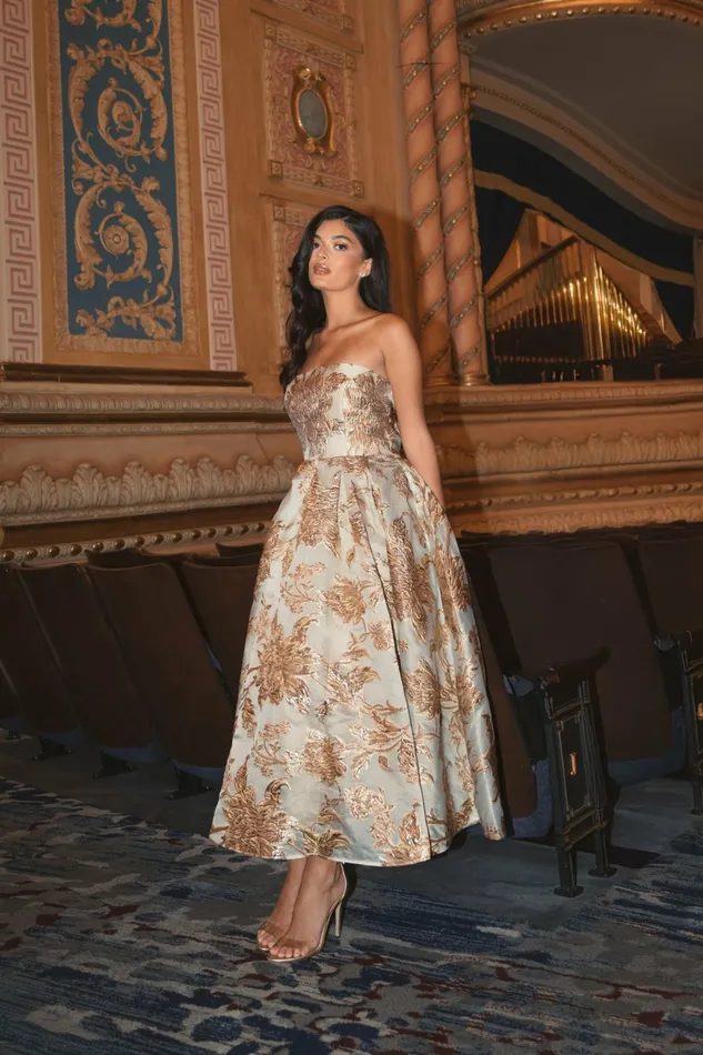 Women Strapless Brocade Midi Dress with Pockets Bronze Best Sellers Mac Duggal Women Strapless Brocade Midi Dress with Pockets Bronze Best Sellers Mac Duggal