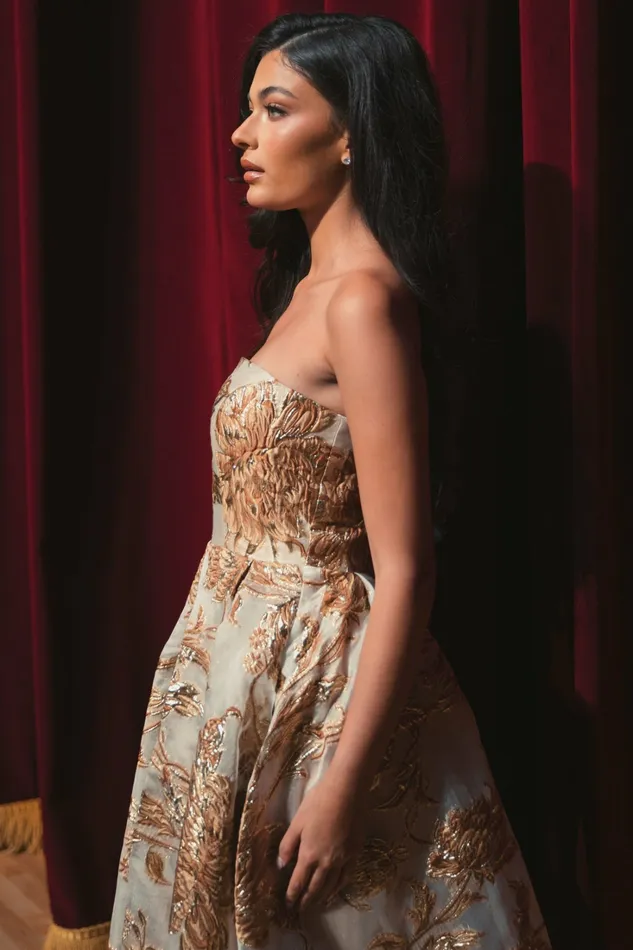 Women Strapless Brocade Midi Dress with Pockets Bronze Best Sellers Mac Duggal Women Strapless Brocade Midi Dress with Pockets Bronze Best Sellers Mac Duggal