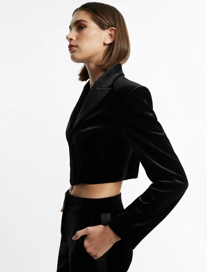 Women Suiting BCBG Maren Velvet Corset Tuxedo Jacket Black