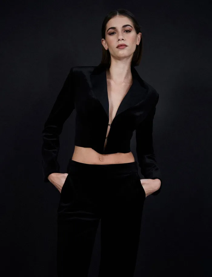 Women Suiting BCBG Maren Velvet Corset Tuxedo Jacket Black