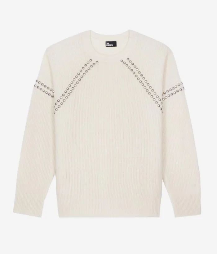 Women Sweaters THE KOOPLES Ecru Ribbed Wool And Cashmere Sweater With Studs