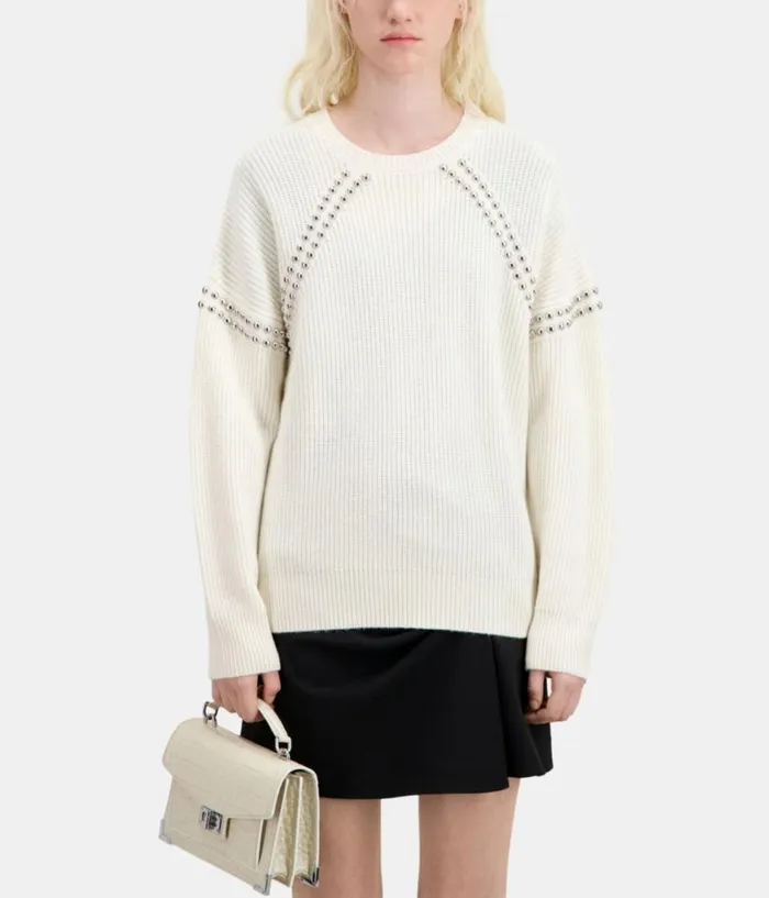 Women Sweaters THE KOOPLES Ecru Ribbed Wool And Cashmere Sweater With Studs Women Sweaters THE KOOPLES Ecru Ribbed Wool And Cashmere Sweater With Studs