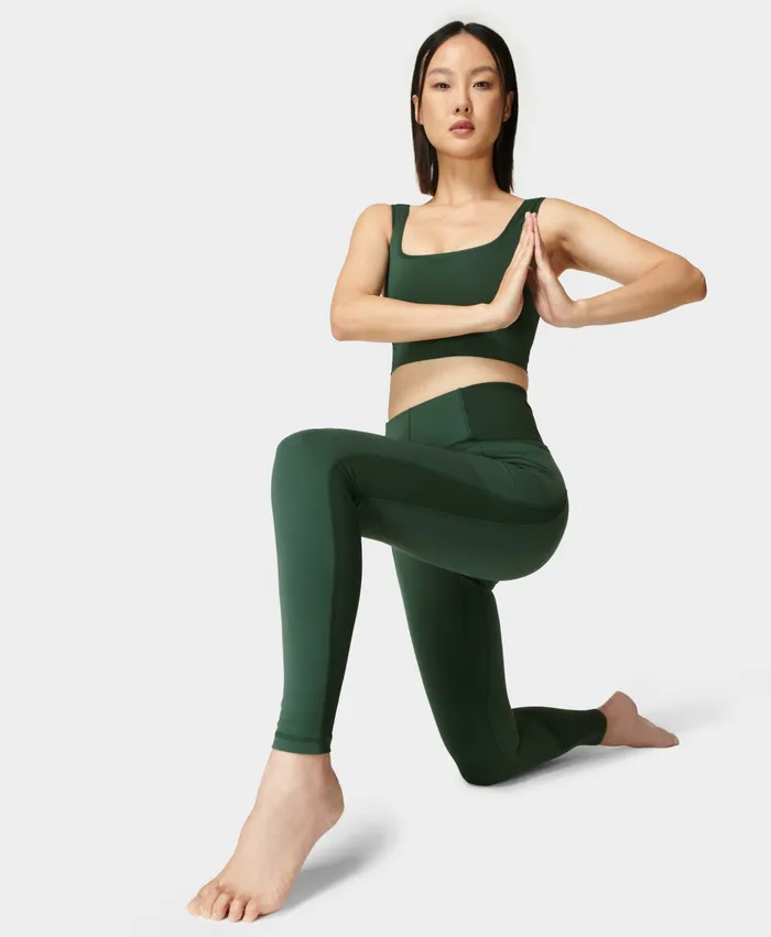 Women Sweaty Betty Super Soft Ribbed Yoga Leggings Trek Green Pocketed
