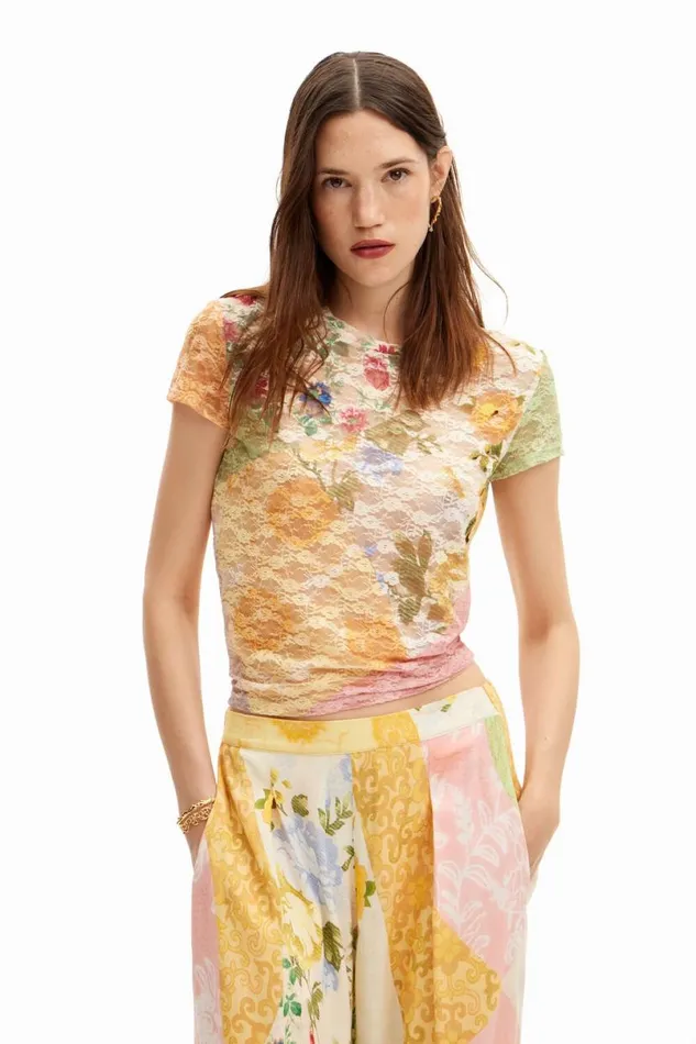 Women Tshirts Desigual Lace Tshirt With Floral Pattern