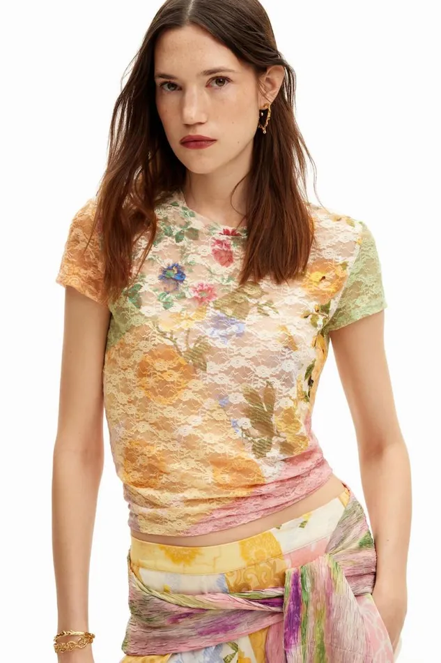 Women Tshirts Desigual Lace Tshirt With Floral Pattern