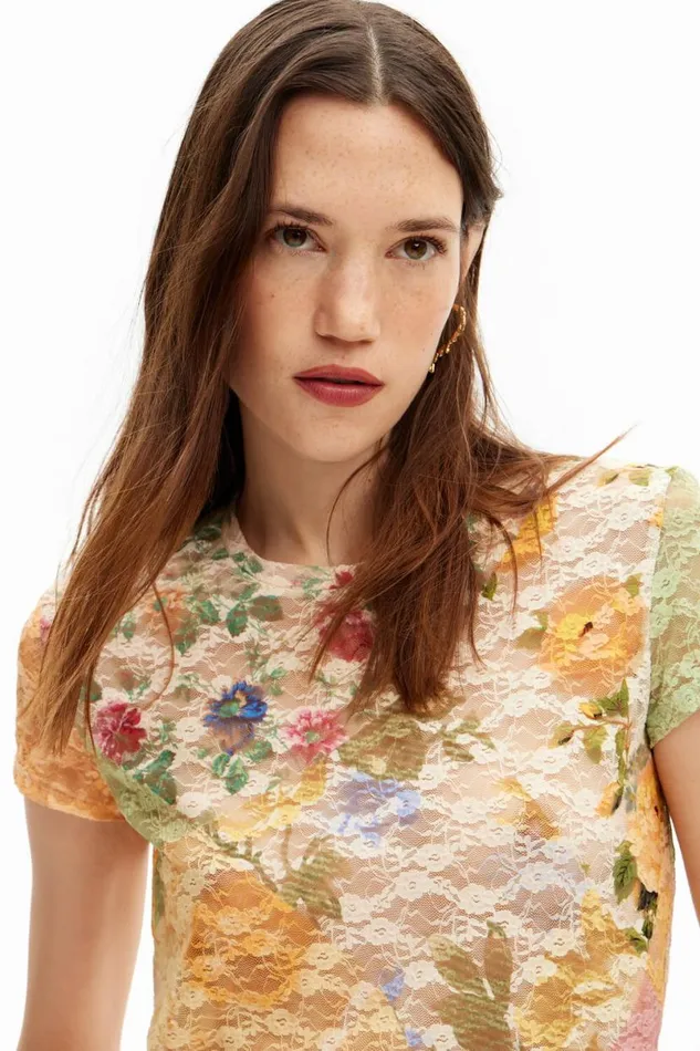 Women Tshirts Desigual Lace Tshirt With Floral Pattern