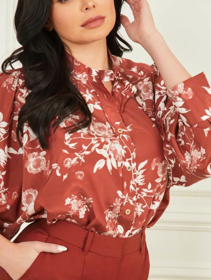 Women Tops And Sweaters Marciano Petal Pose Yvonne Blouse Petal Pose Dark Jam Red Women Tops And Sweaters Marciano Petal Pose Yvonne Blouse Petal Pose Dark Jam Red