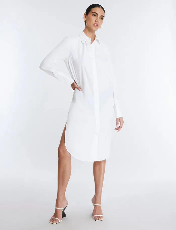 Women Tops BCBG Cotton Poplin Shirt Dress White