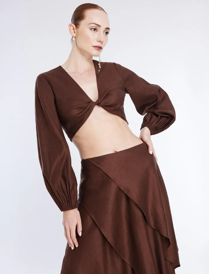 Women Tops BCBG Twist Front Crop Top Chocolate