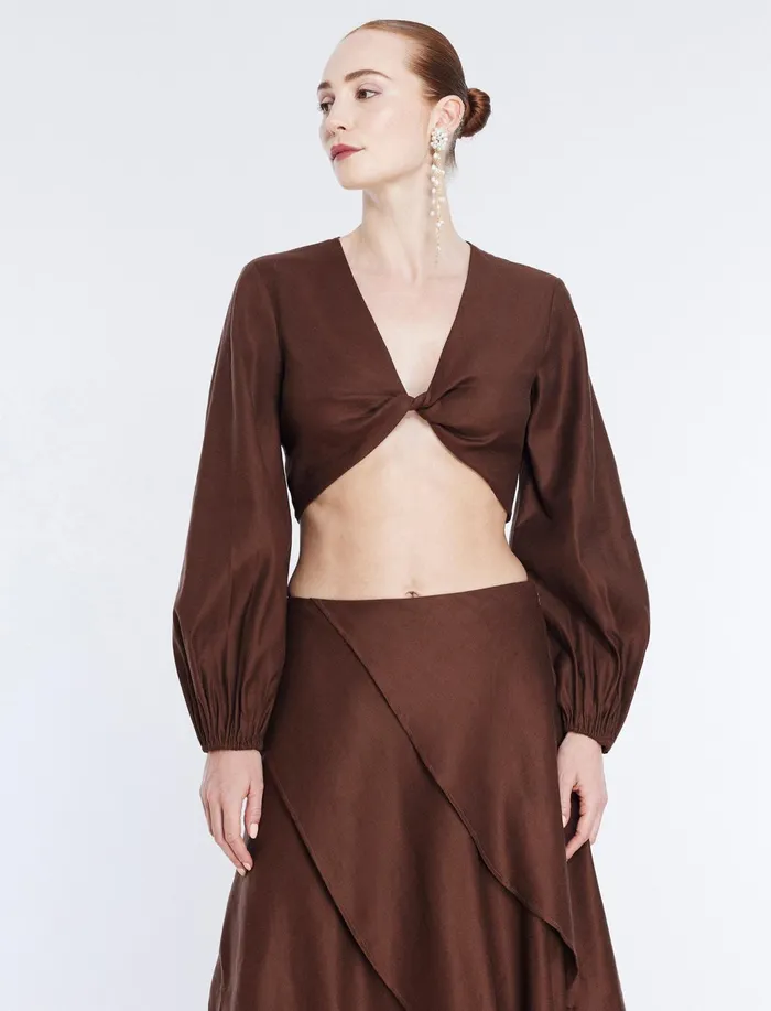 Women Tops BCBG Twist Front Crop Top Chocolate