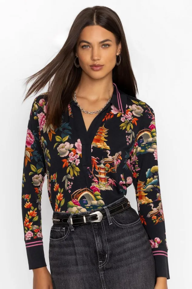 Women Tops Johnny Was THE JANIE FAVORITE SPLIT FRONT COLLARED HENLEY Soundbath