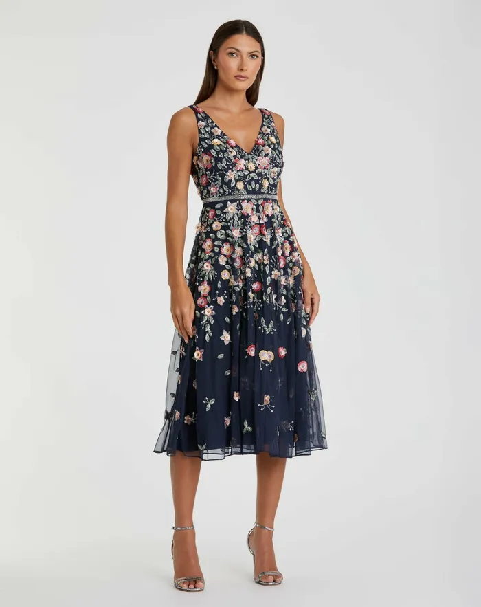 Women Vneck Sleeveless Midi Floral Beaded Aline Dress Midnight Multi Cocktail Dresses Mac Duggal