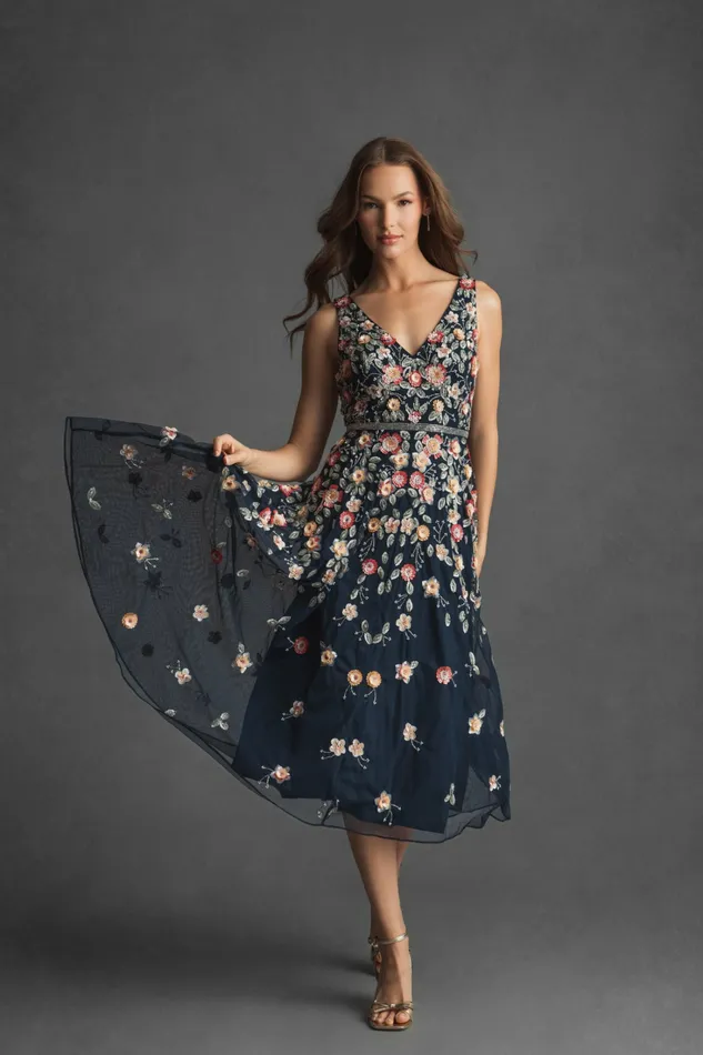 Women Vneck Sleeveless Midi Floral Beaded Aline Dress Midnight Multi Cocktail Dresses Mac Duggal