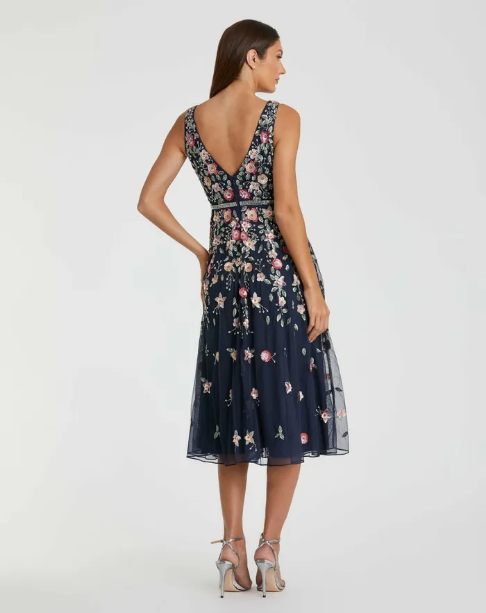 Women Vneck Sleeveless Midi Floral Beaded Aline Dress Midnight Multi Cocktail Dresses Mac Duggal