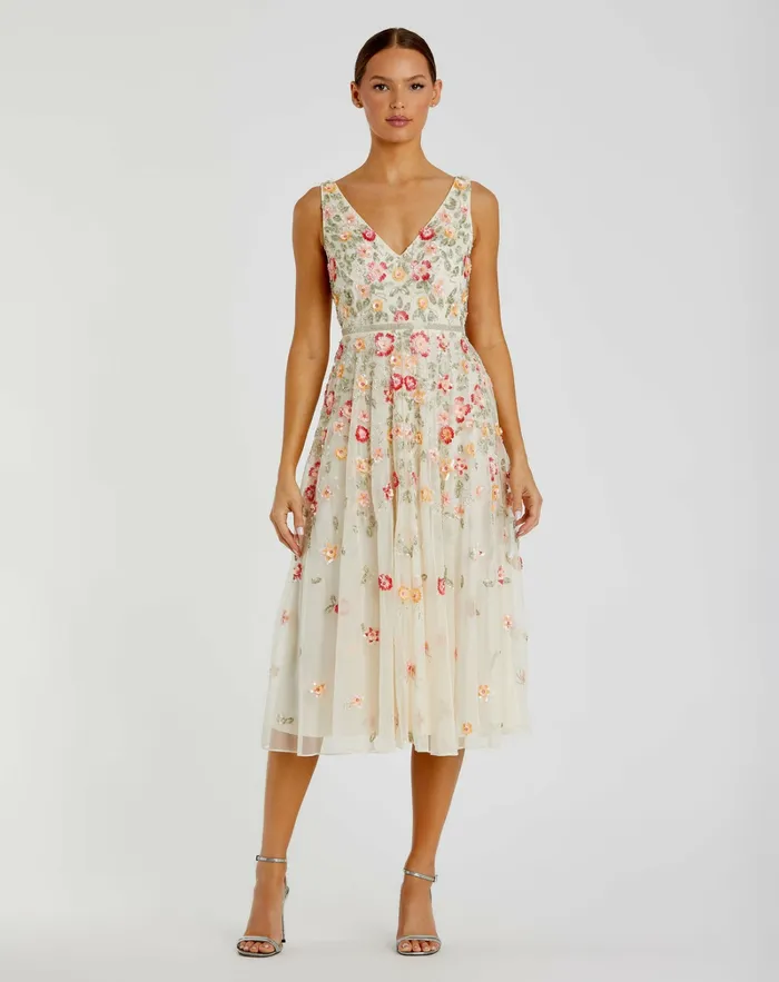 Women Vneck Sleeveless Midi Floral Beaded Aline Dress Midnight Multi Cocktail Dresses Mac Duggal