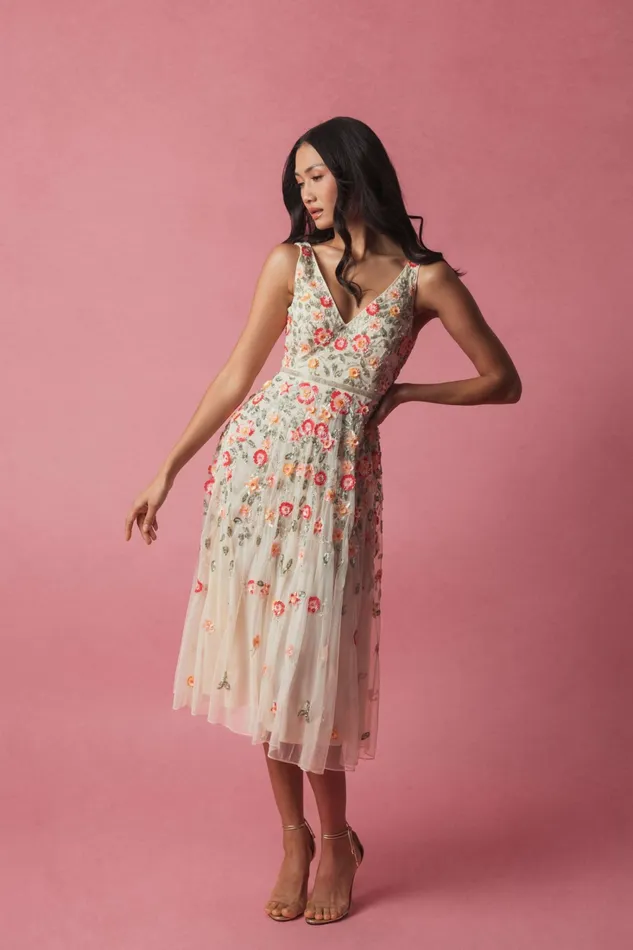 Women Vneck Sleeveless Midi Floral Beaded Aline Dress Midnight Multi Cocktail Dresses Mac Duggal