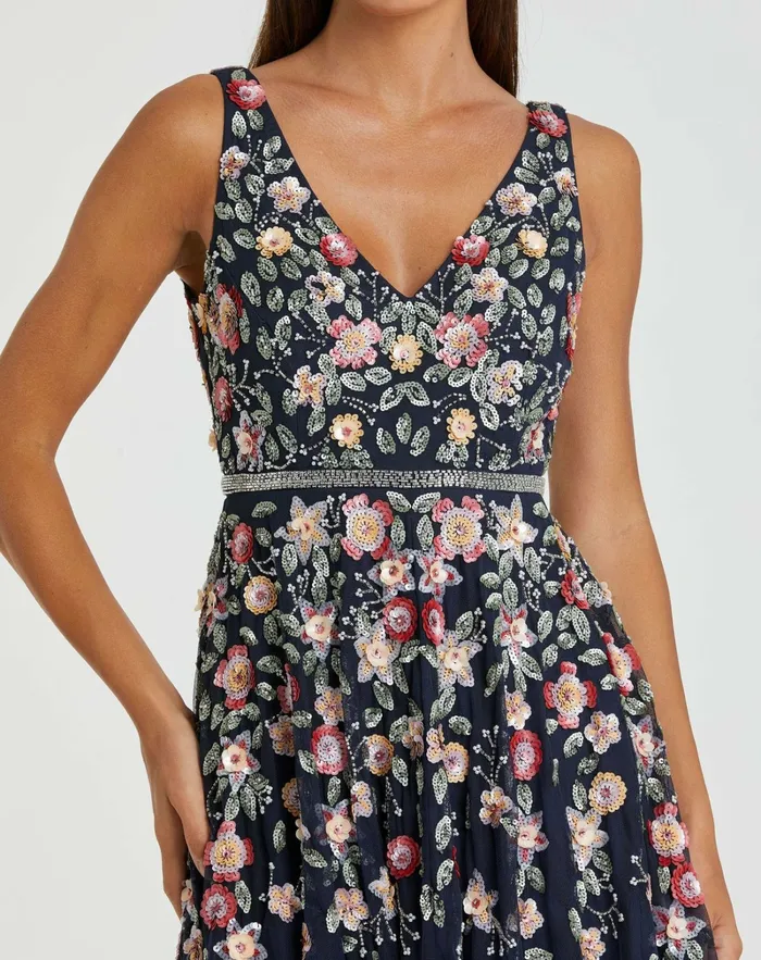 Women Vneck Sleeveless Midi Floral Beaded Aline Dress Midnight Multi Cocktail Dresses Mac Duggal